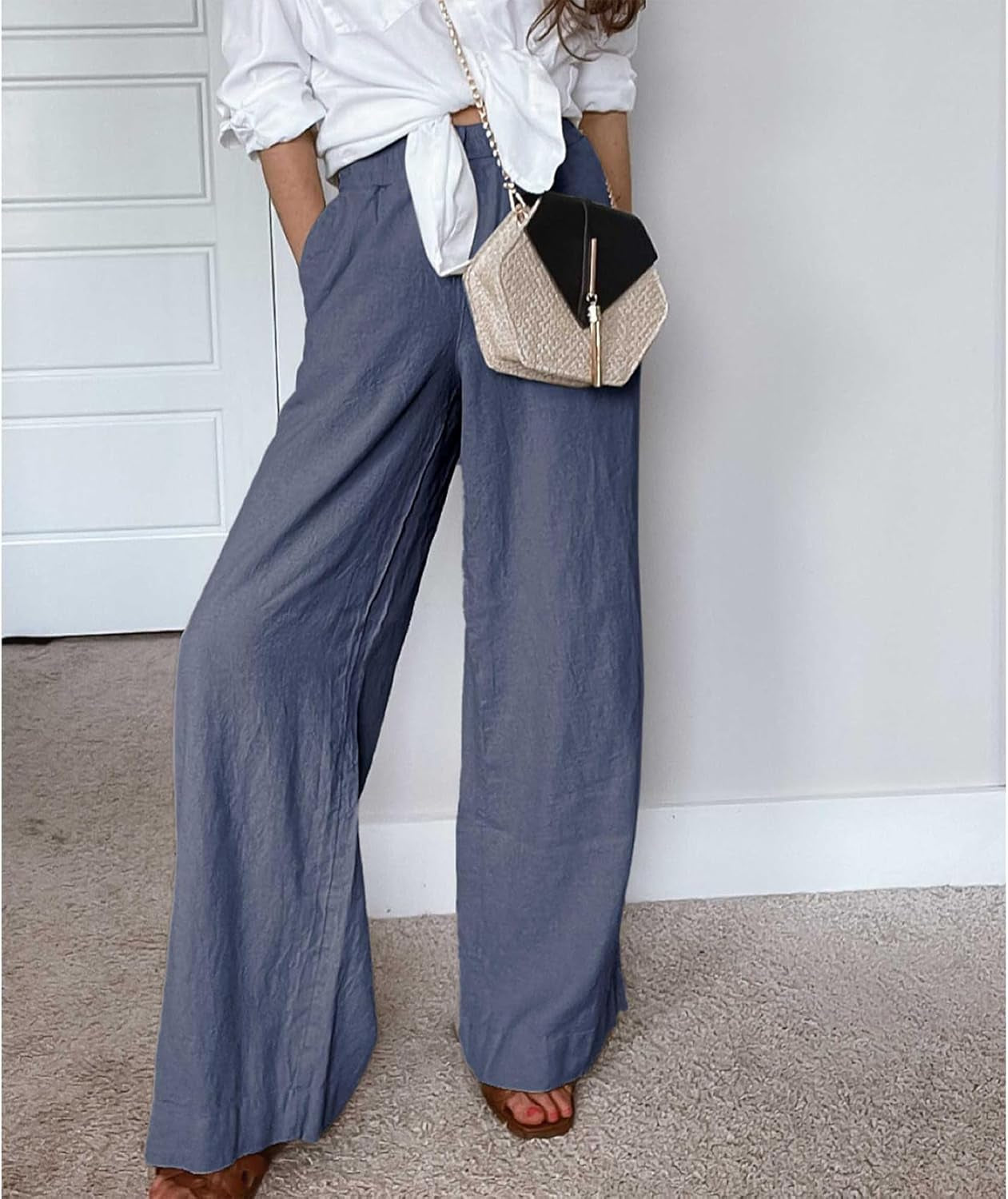 Womens Cotton Linen Palazzo Pants Drawstring Elastic Waist Casual Wide Leg Trousers with Pockets