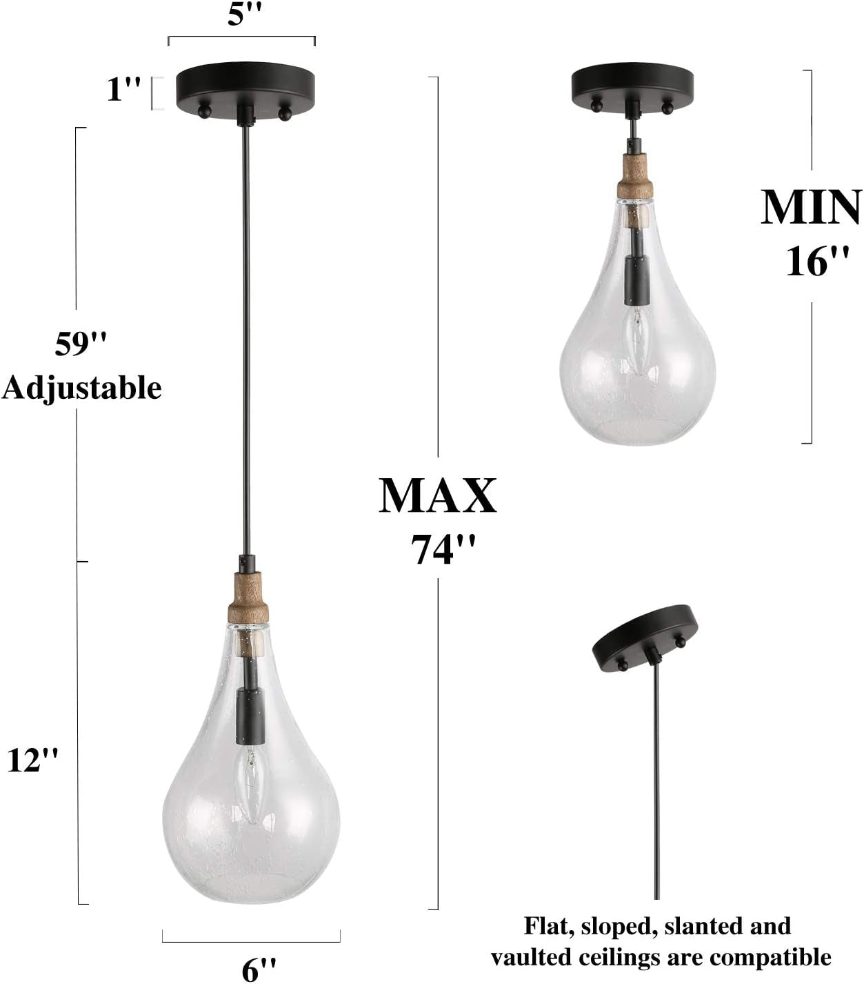 Farmhouse Wood and Glass Pendant Lighting for Kitchen Island Bedroom, Dining Room, Entryway, Sink, Breakfast Nook