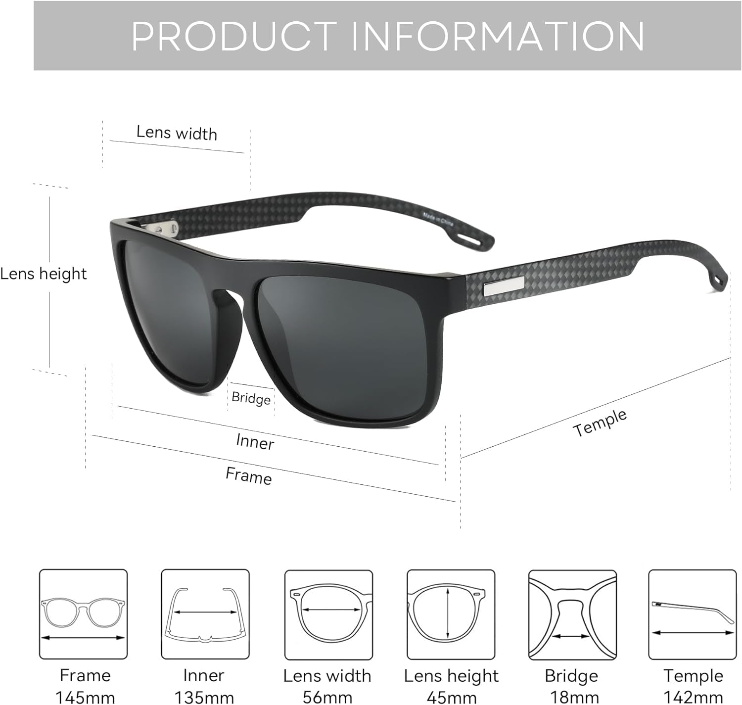 Polarized Sunglasses Men - Square Durable TR90 Lightweight Frame Carbon Fiber UV400 Protection Mens Sunglasses