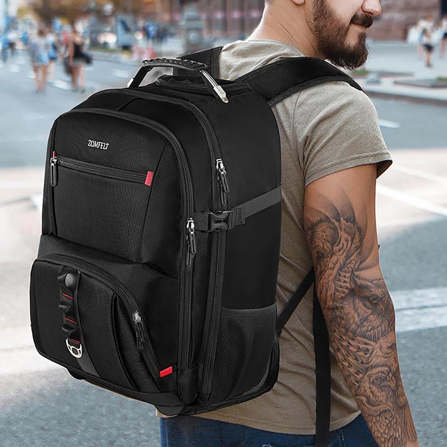Rolling Backpack, Travel Backpack with Wheels, Carry on Backpacks with 3 Packing Cubes, 17.3 Inch Wheeled Laptop Backpack for Men Women Adults to Travel Work Business Black
