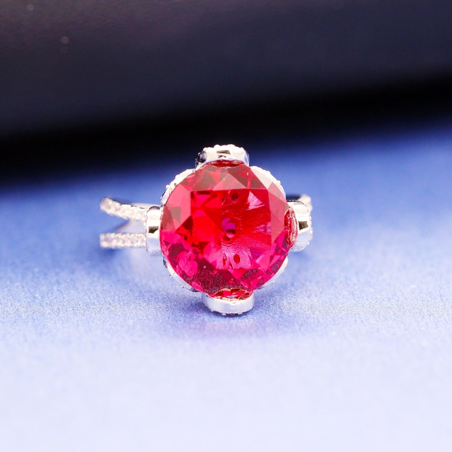 Female Unique Beautiful Red Flower Engagement Wedding Ring - Charm Created Garnet Diamond Jewelry for Women (Size 6 7 8 9 10) RJ212
