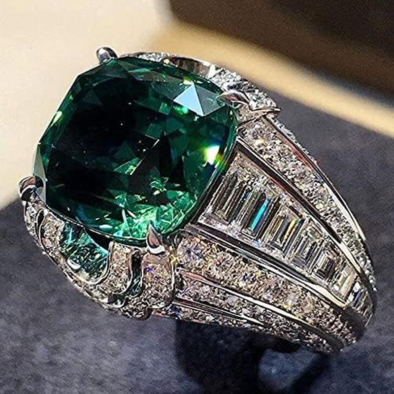 925 Sterling Silver Shiny Full Diamond Emerald Ring Cubic Zirconia Rings Gemstone Ring CZ Diamond Eternity Engagement Wedding Band Ring for Women (US Code 7)