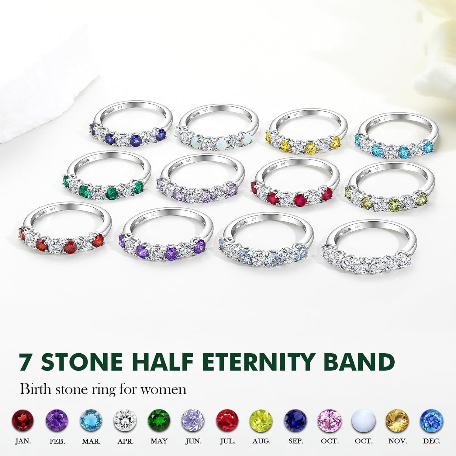 925 Sterling Silver Birthstone Rings for Women Created Gemstone Half Eternity Band 7 Stone Cubic Zirconia Wedding Band Birthstone Jewelry Size 6-10