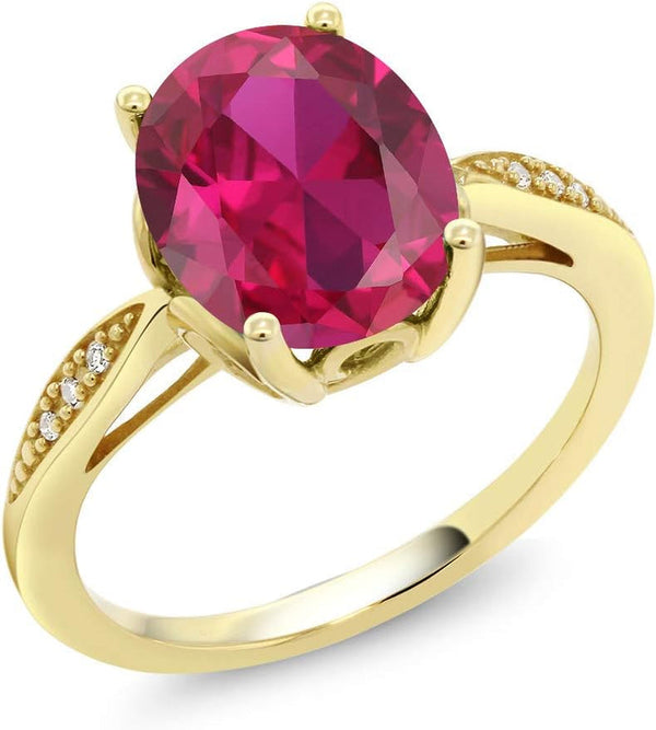 14K Yellow Gold 10X8MM Oval Gemstone Birthstone and White Diamond Engagement Ring | Wedding Anniversary Promise Gold Ring for Women | Size 5,6,7,8,9