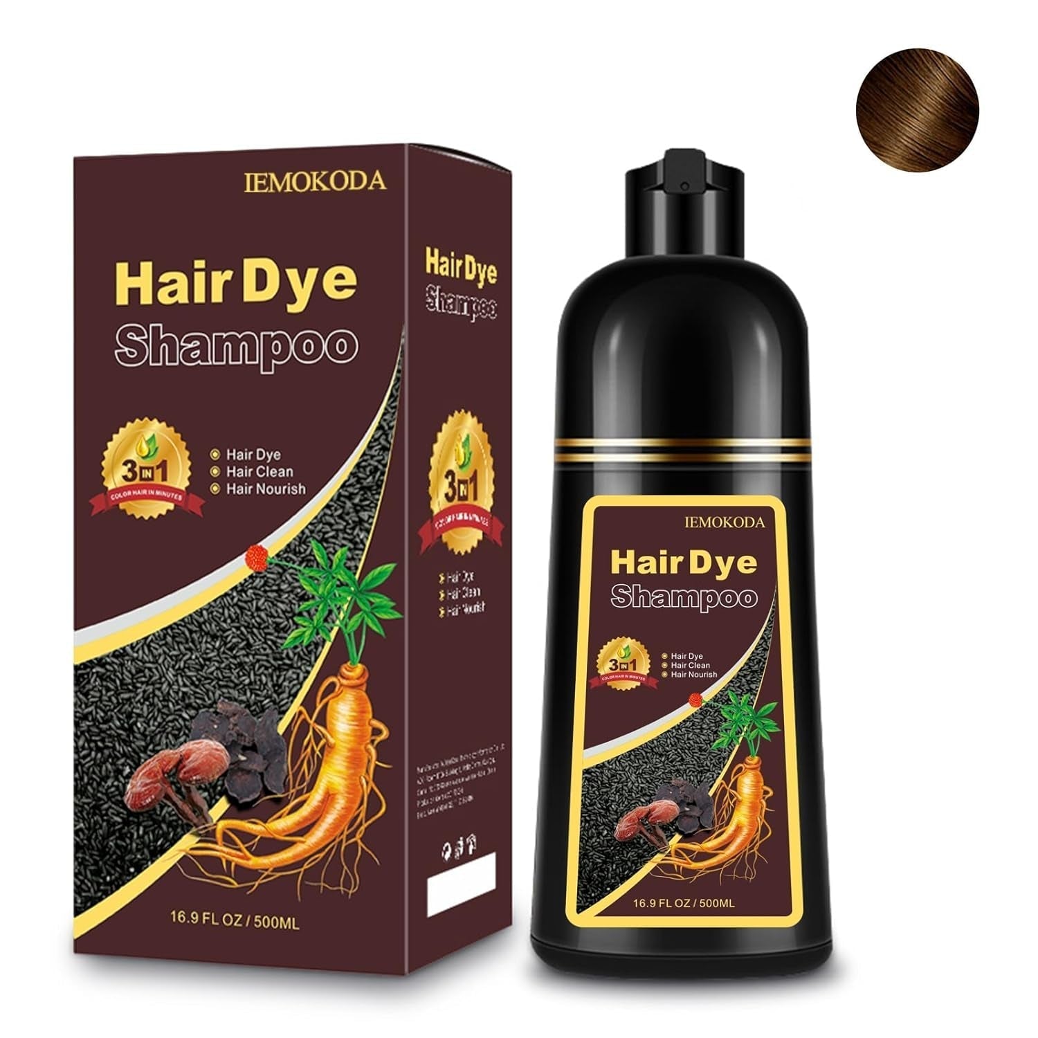 Hair Dye Shampoo 3-In-1 Champu Para Canas Mujer, Instant Coffee Herbal Hair Color Treated Shampoo, Natural Brown Long Lasting Easy to Use, for Women Men, 500Ml