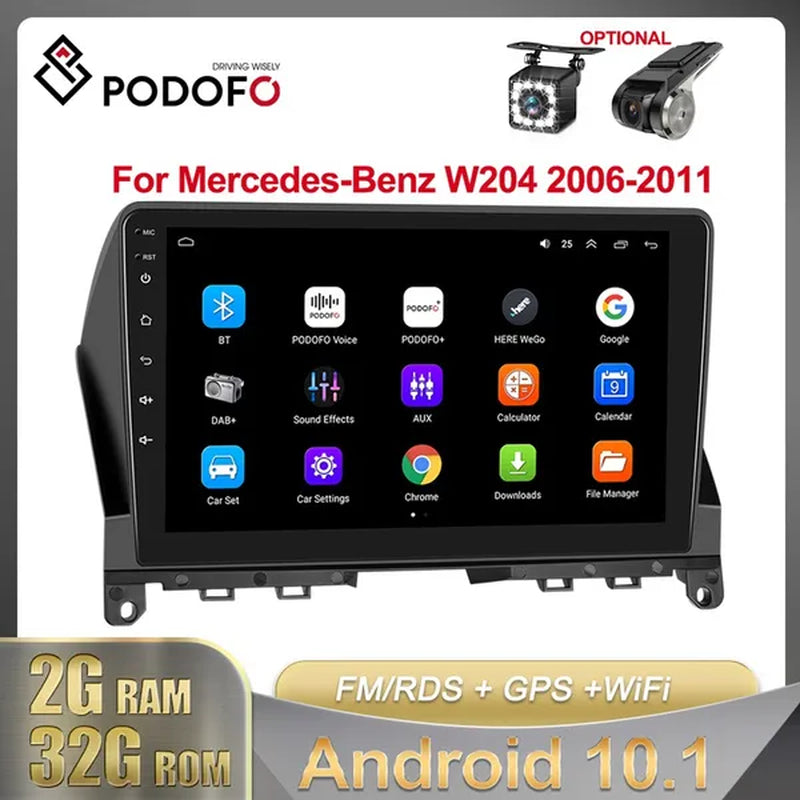 PODOFO【2+32G】HD 9'' Android 10.1 Car Radio Stereo with GPS Navigation Wifi Bluetooth FM/RDS for Mercedes-Benz W204 2006-2011 with 12LED Camera/ DVR (Optional)