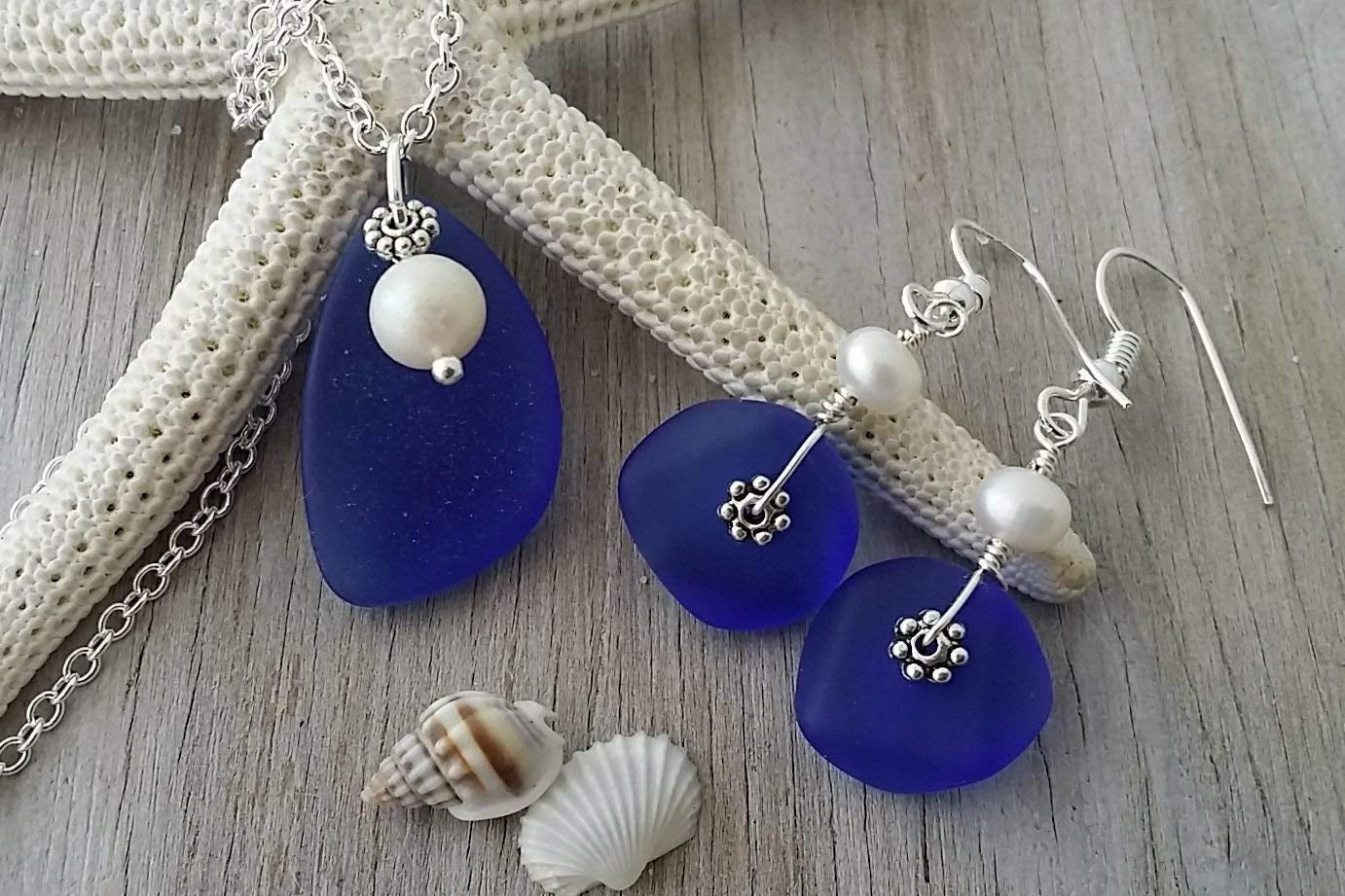 September Birthstone, Cobalt Blue Sea Glass Necklace+Earrings Set, Natural Pearl, Sea Glass Earrings, (Hawaii Gift Wrapped, Customizable Gift Message)