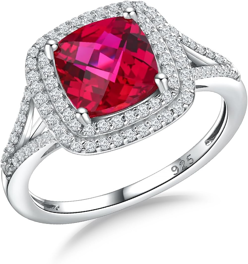 Birthstone Rings for Women 925 Sterling Silver Created Gemstone Cubic Zirconia Ring Heart/Pear/Round/Cushion/Emerald/Oval Engagement Double Halo Ring Size 6 to 10