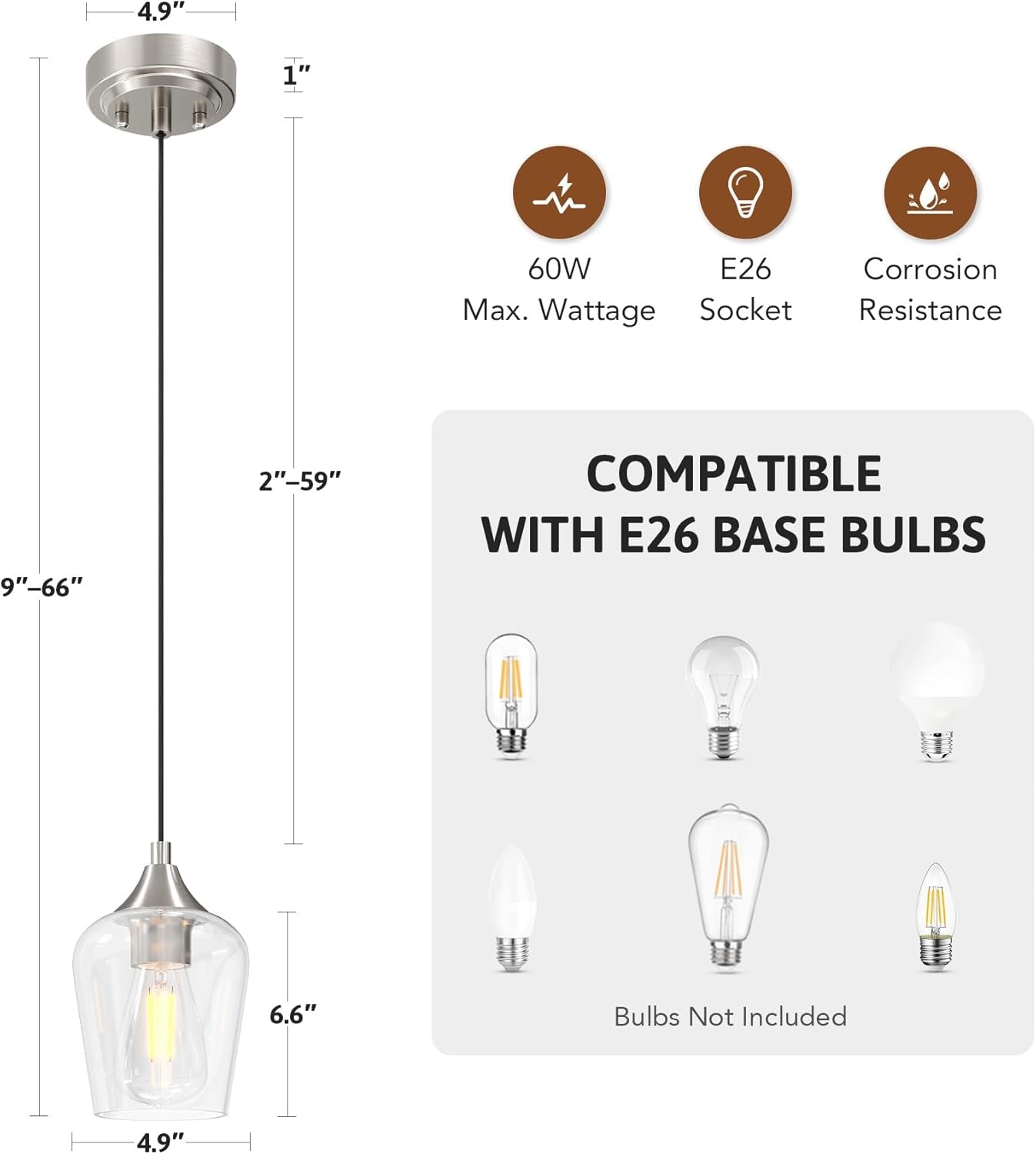Pendant Light Kitchen Island, Brushed Nickel Pendant Light Fixture with E26 Base & Adjustable Cable, Modern Pendant Lighting with Glass Shade for Living Room Bedroom Hallway
