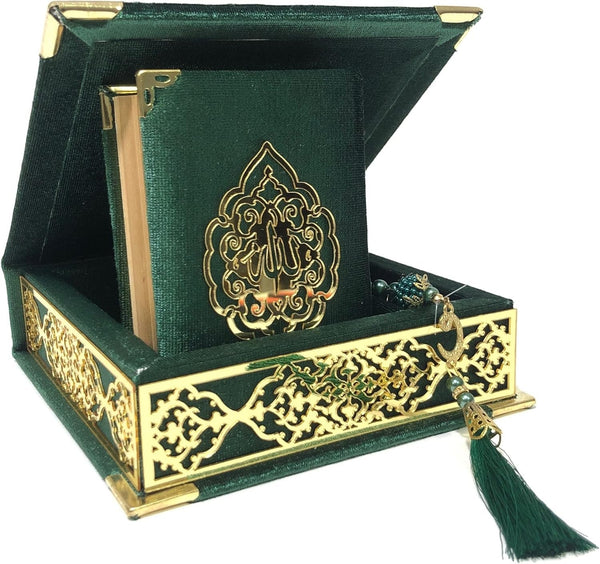 Velvet Covered Quran Tasbeeh Islamic Gift Set | Holy Prayer Beads Wooden Box Birthday, Wedding Islam Graduation Muslim Favor Eid, Ramadan (Green), Small Size / (6 X 6 In) Box-(3.8 4.85