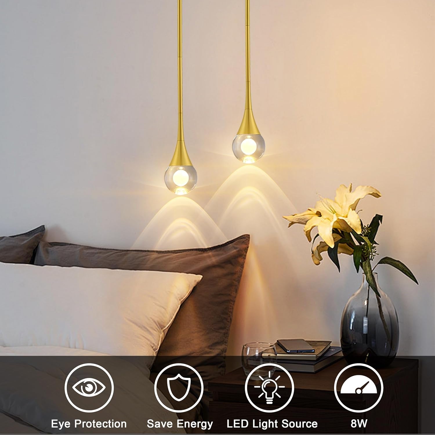 1-Light Pendant Lights Kitchen Island, 8W 3 Color Temperature Dimmable LED Pendant Light Fixtures, Gold Hanging Crystal Teardrop Pendant Lights for Bathroom, Bedroom