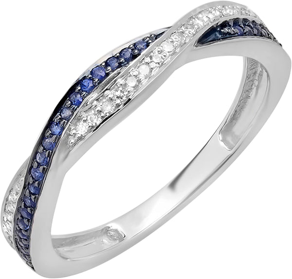 round Blue Sapphire & White Diamond Swirl Wedding Ring for Women in Solid Gold