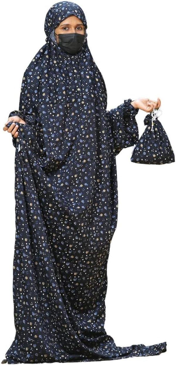 Islamic Prayer Dress for Women- Free Size, Muslim Dress with Hijab, Jilbab/Niskarakuppayam/Namaz Khimar/Prayer Clothes Niqab Khimar, Islamic Premium Prayer Clothes, Black Floral Color, 5X-Large