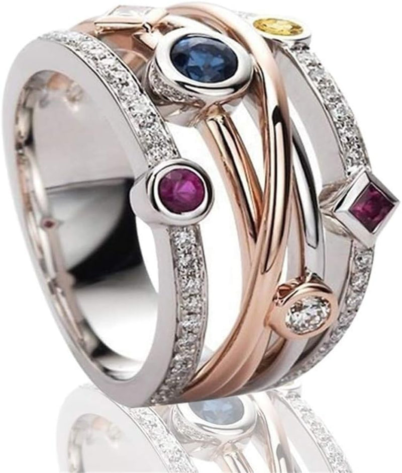 Sterling Silver Modern Eternity Ring with Sapphire, Ruby & Cubic Zirconia Stones in White, 10 round Stones, 0 Carats Total Diamond Weight, Prong Setting, Unisex Adult Engagement, Wedding Ring