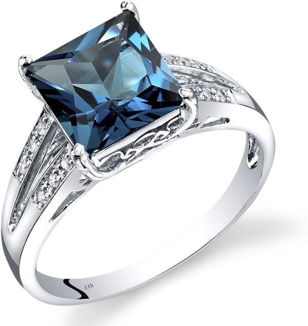 14K White Gold London Blue Topaz and Diamond Ring for Women, 3 Carats Princess Cut 8Mm, Elegant Cathedral Design, Natural Gemstone, Size 7, December Birthstone Ring,