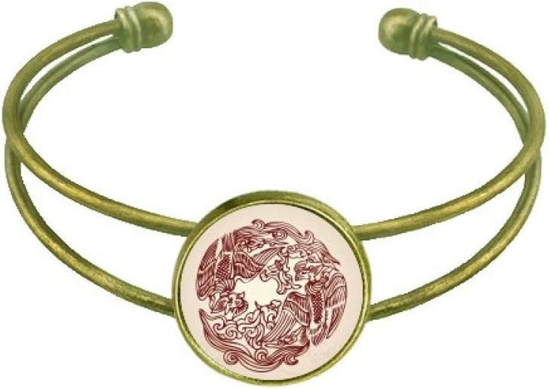 Two Chinese Phoenix Animal Circle Portrait Bracelet Bangle Retro Open Cuff Jewelry