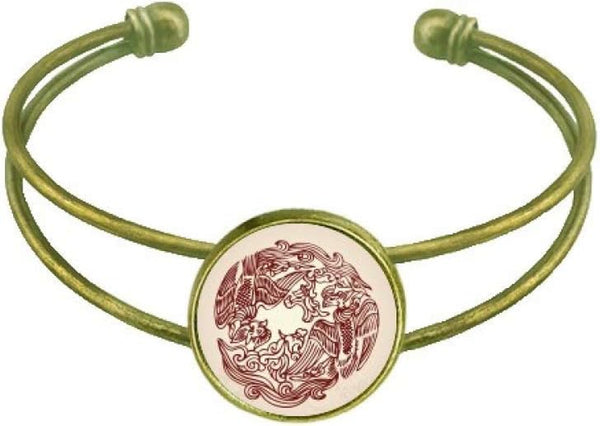 Two Chinese Phoenix Animal Circle Portrait Bracelet Bangle Retro Open Cuff Jewelry
