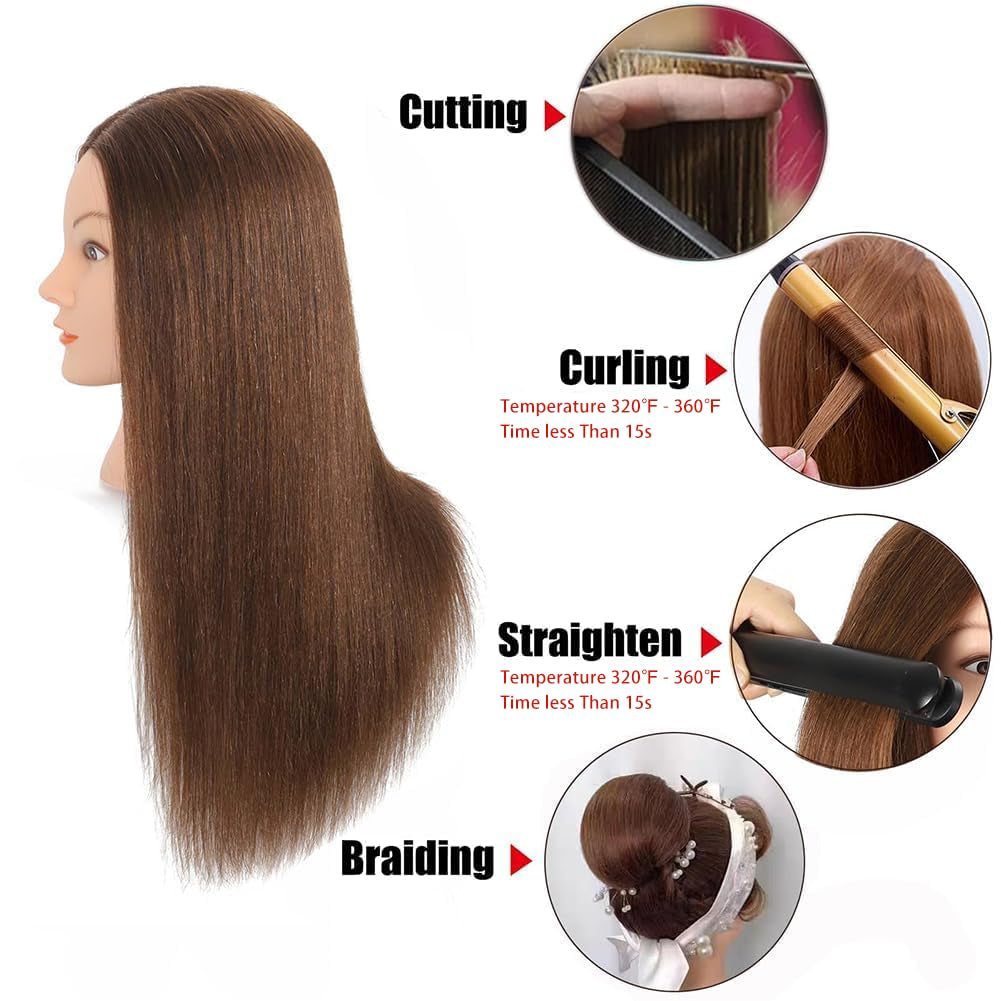 Mannequin Head with 100% Real Human Hair Cosmetology Mannequin Head to Practice Hairstyles Doll Head Training Head for Hairdresser (Brown)