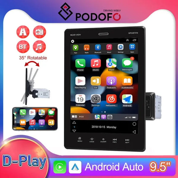 Podofo Autoradio 2Din Car Stereo Radio 9.5'' Rotatable Vertical Screen Car Mp5 Player Support Bluetooth USB FM D-Play Mirror Link Function