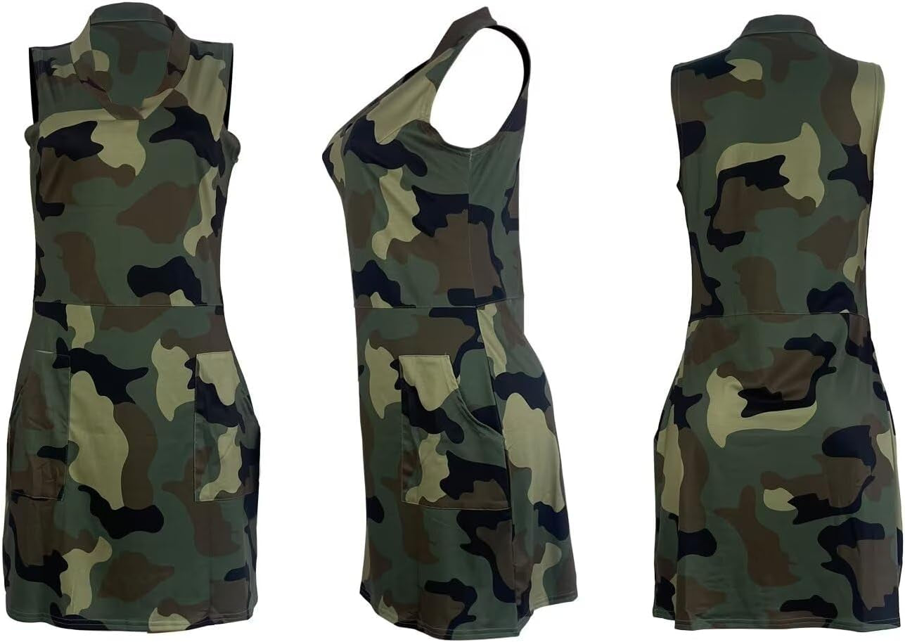 Women'S plus Size Camo Print V Neck Sleeveless Sundress Cargo Mini Dress with Pockets