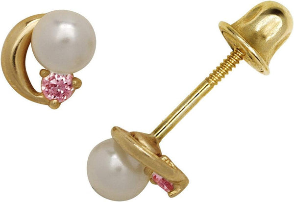 Jewelry Web Solid 14K Yellow Gold Small 5Mm Crescent Moon CZ and FW Pearl Screw-Back Stud Earrings (3 Color)