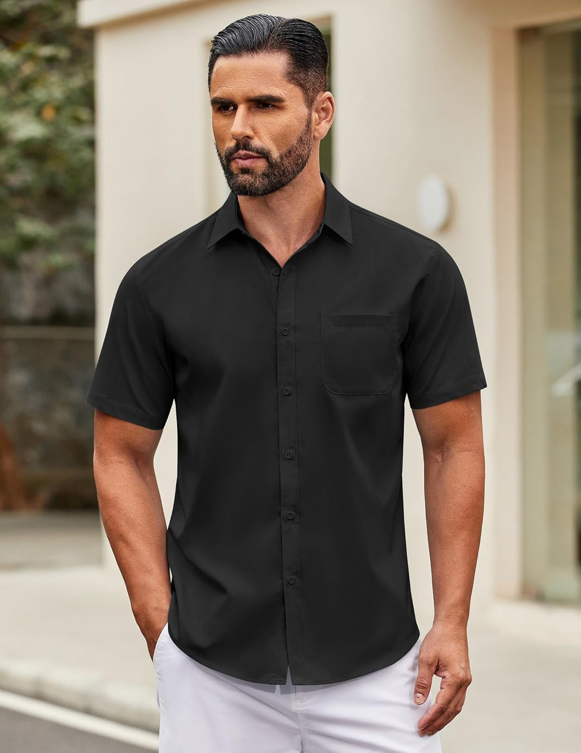 Mens Short Sleeve Casual Button down Shirts Summer Untucked Dress Shirts with Pocket