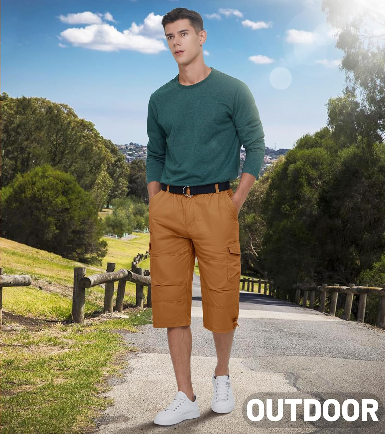 Men'S Cargo Shorts Casual Twill Elastic 3/4 Capri Pants below Knee Long Shorts with 7 Pockets