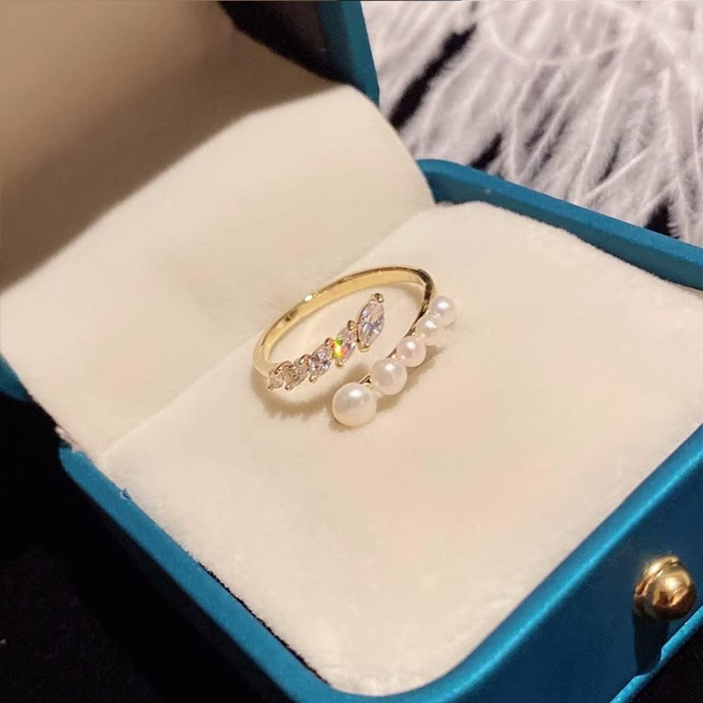 Chic CZ Pearl Statement Ring for Women Double Layers Stacking Rings Adjustable Open Finger Band Promise Engagement Rings Bands Dainty Jewelry