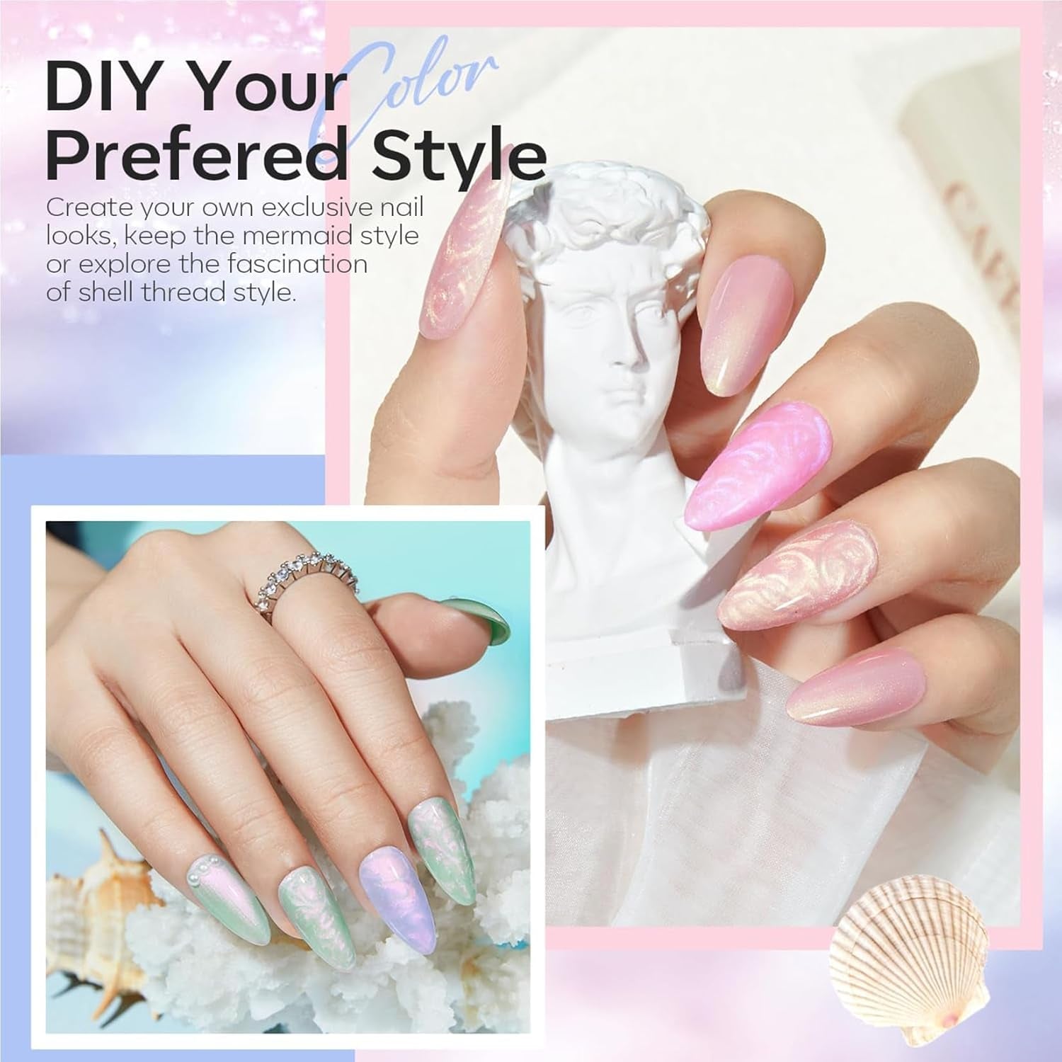 Pearl Gel Nail Polish Set, 6 Colors Aurora Iridescent Shimmer White Pink Purple Mermaid Nail Drawing Gel Polish Soak off Led Glitter Nail Polish Swirl Shell Thread Effect DIY Gift