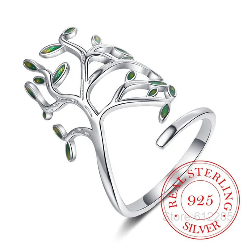 925 Sterling Silver Tree of Life Green Tree Leaves Adjustable Finger Rings for Women Sterling Silver Jewelry Wedding Party Gift