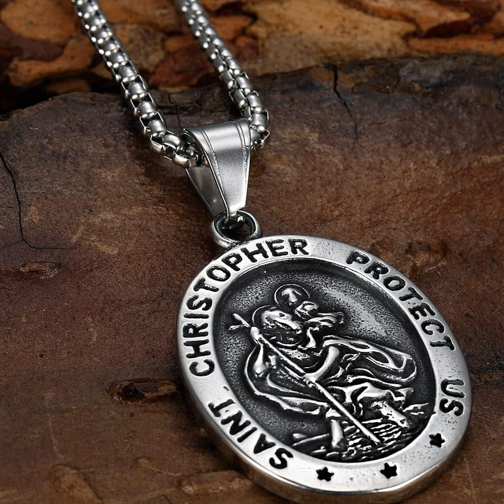Retro Vintage Stainless Steel Saint Christopher Protect Us Holy Cross Religious Pendant Necklace