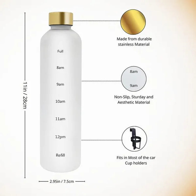 Water Bottle with Time Marker, 32oz Motivational Water Bottle, Reusable Spill-Proof Frosted Plastic Water Bottle for Gym, Sports, Travel, Fitness, School and Work