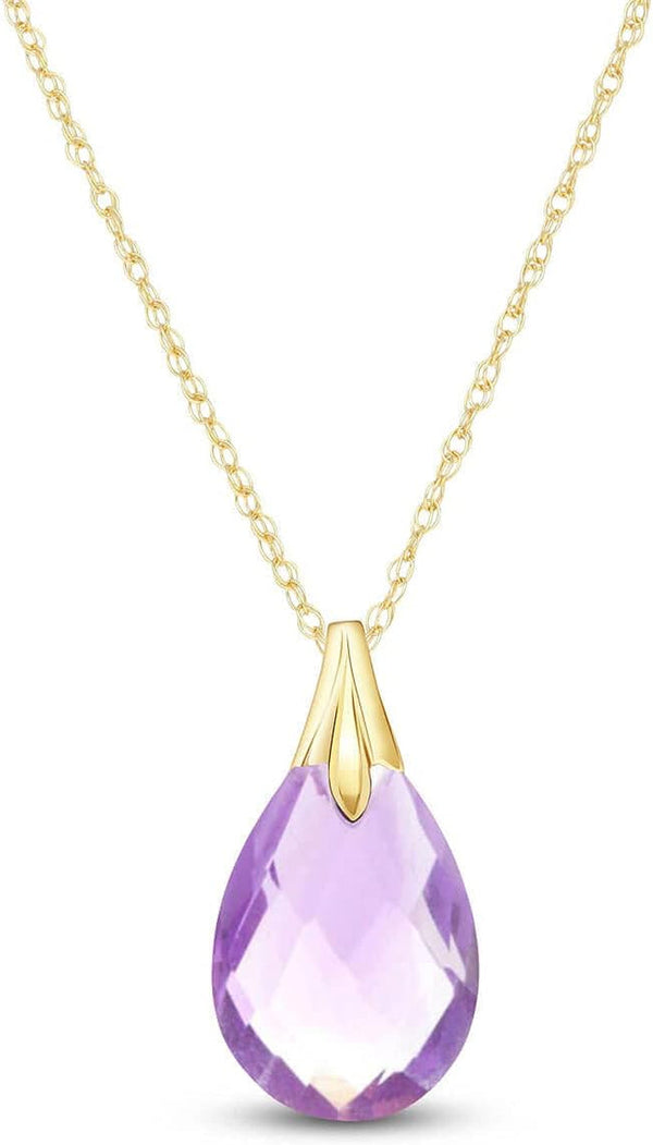 9K Gold Purple Amethyst Teardrop Shape Pendant Necklace, Natural AAA Briolette Cut, 18-24 Inches, Genuine Gemstone