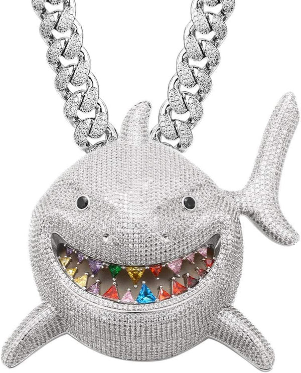 Hip Hop Jewelry 18K Gold Plated 3D Large Shark Pendant Iced Out Premium Zircon Fish Animal Creative Necklace with Free Rope Chain