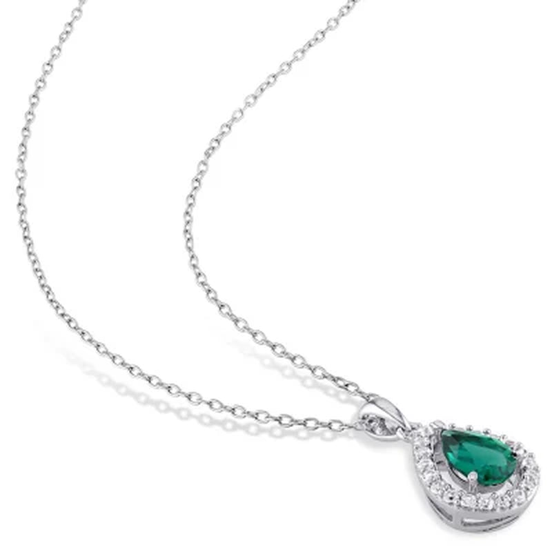 Lab Created Gemstone Teardrop Halo Pendant and Stud Earrings Set in Sterling Silver