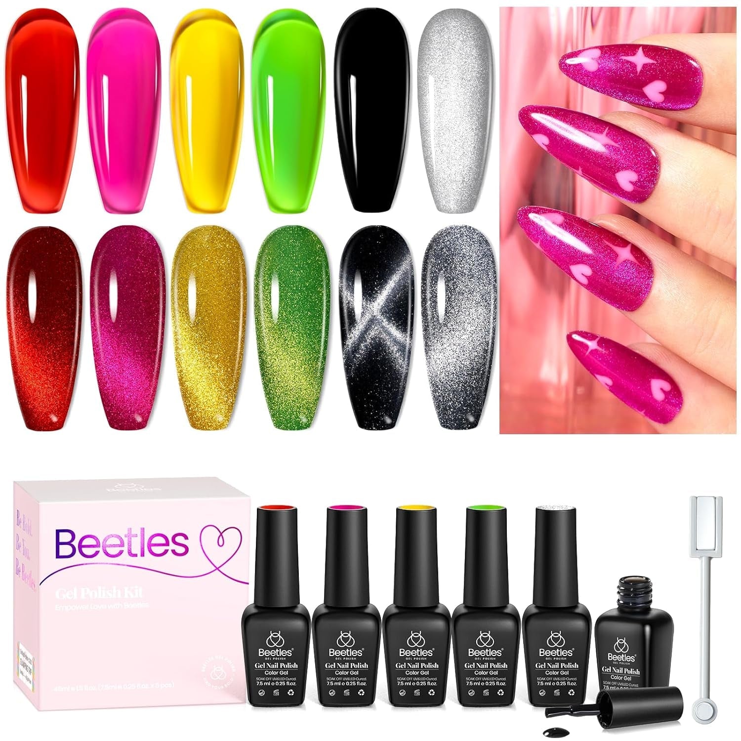 Beetles Gel Nail Polish Set, 6 Colors Silver Cat Eye Gel Polish Sheer Jelly Red Pink Yellow Green Black Neon Gel Translucent Glitter Effect with Magnet Soak off UV Manicure Gifts for Women