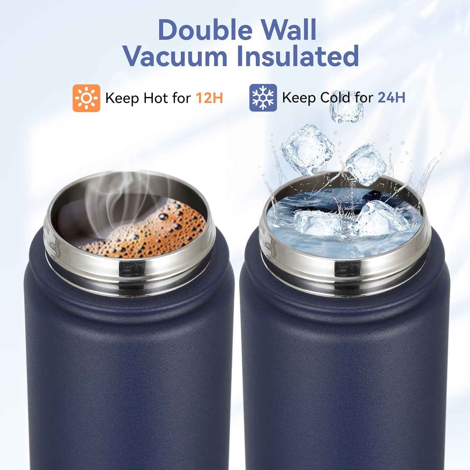 Insulated Water Bottle Kids 16 Oz Double Wall Vacuum Stainless Steel Water Bottle Leak Proof for School Wide Mouth with Straw Lid & Spout Lid Keeps Cold and Hot(Navy,1Pack)
