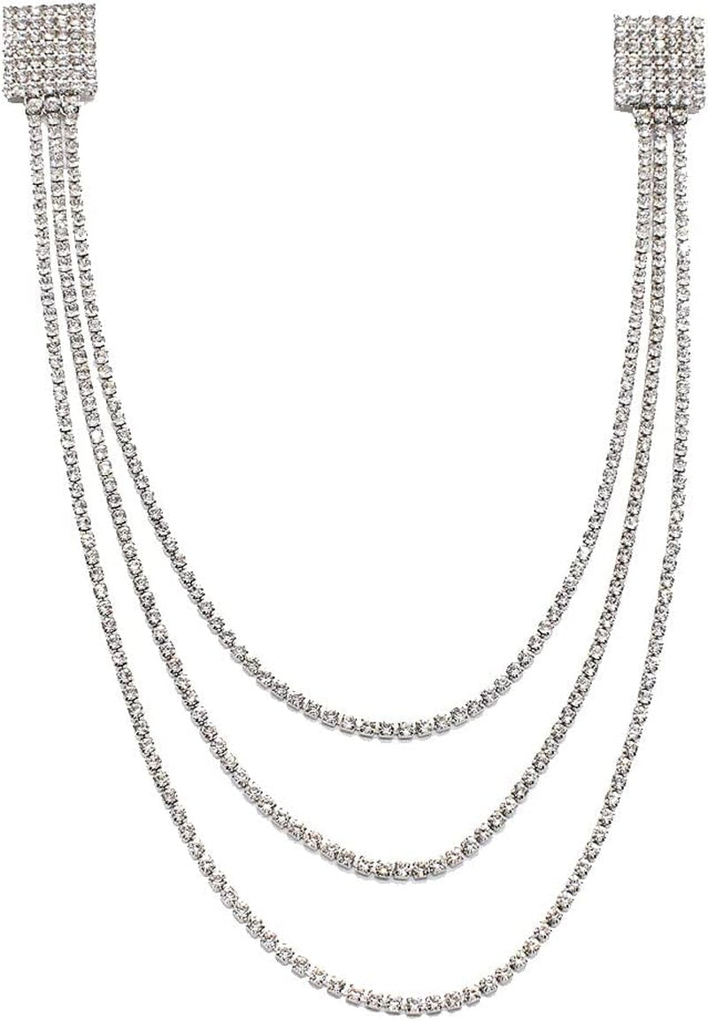 Rhinestone Geometric Tassel Lapel Brooch Pin Long Chain Multi-Layered Full of Crystal Square Pins Clip Dress Sweater Collar Jackets Suit Brooches Pins Fashion Jewelry Gifts for Women Girls Accessories