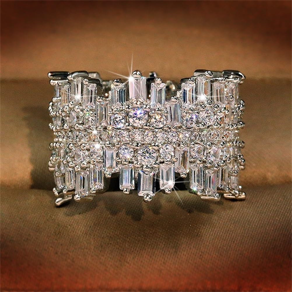 925 Sterling Silver Shiny Full Diamond Gemstone Ring 18K Gold Cocktail Ring Cubic Zirconia Promise Ring CZ Diamond Multi Row Rings Eternity Engagement Wedding Party Ring for Women Z.132 (US Code 8)