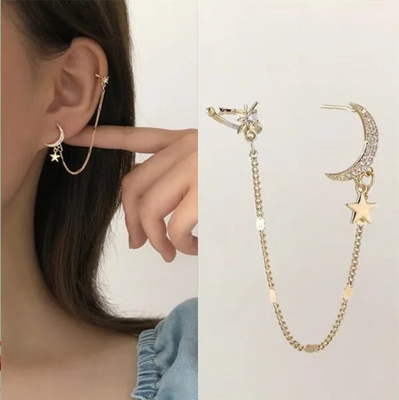 New Simple Moon Star Rhinestone Long Chain Earrings Shining Sun Crescent Geometric Tassel Piercing Earrings Ear Bone Clip Jewelry