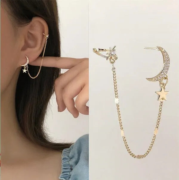 New Simple Moon Star Rhinestone Long Chain Earrings Shining Sun Crescent Geometric Tassel Piercing Earrings Ear Bone Clip Jewelry