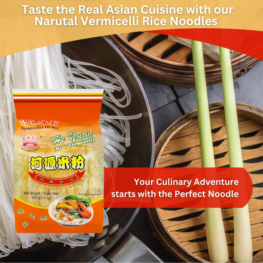 Rice Vermicelli Noodles, He Yuan Thin Rice Noodles, Maifun Rice Great for Traditional Thai, Vietnamese, Chinese, Japanese Stir Fry & Soups 14Oz (400 G) 1 PACK + 1 Steel Spoon
