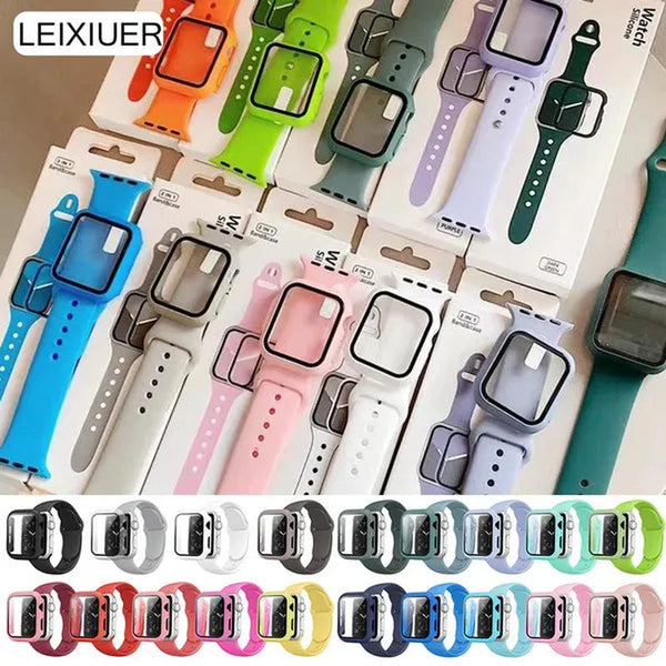 LEIXIUER Tempered Glass with Case Sport Silicone Strap for Smart Watch series  8 7 6 SE 2 3 4 5 1 for Smart Watch45mm 41mm 44mm 40mm 38mm 42mm 44 mm Sport Soft screen protector band bracelet（ Case and strap are packaged separately !）