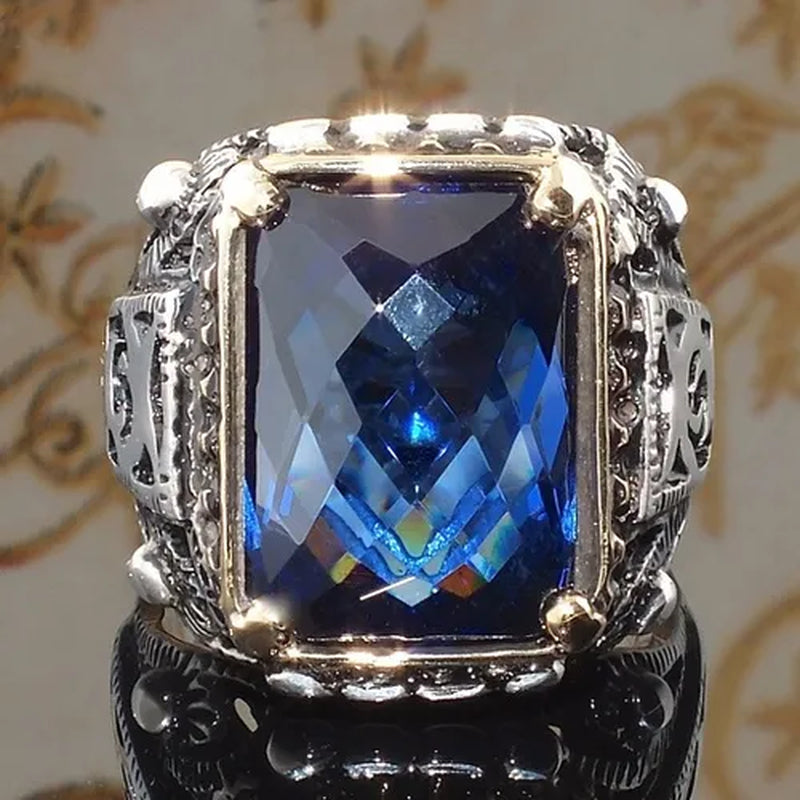 Creative Men's Ring 925 Sterling Silver Sapphire Crystal Ring Classic Square Carved Men's Domineering Ring Dating Party Ring Wedding Engagement Ring Anniversary Gift Size 7-13