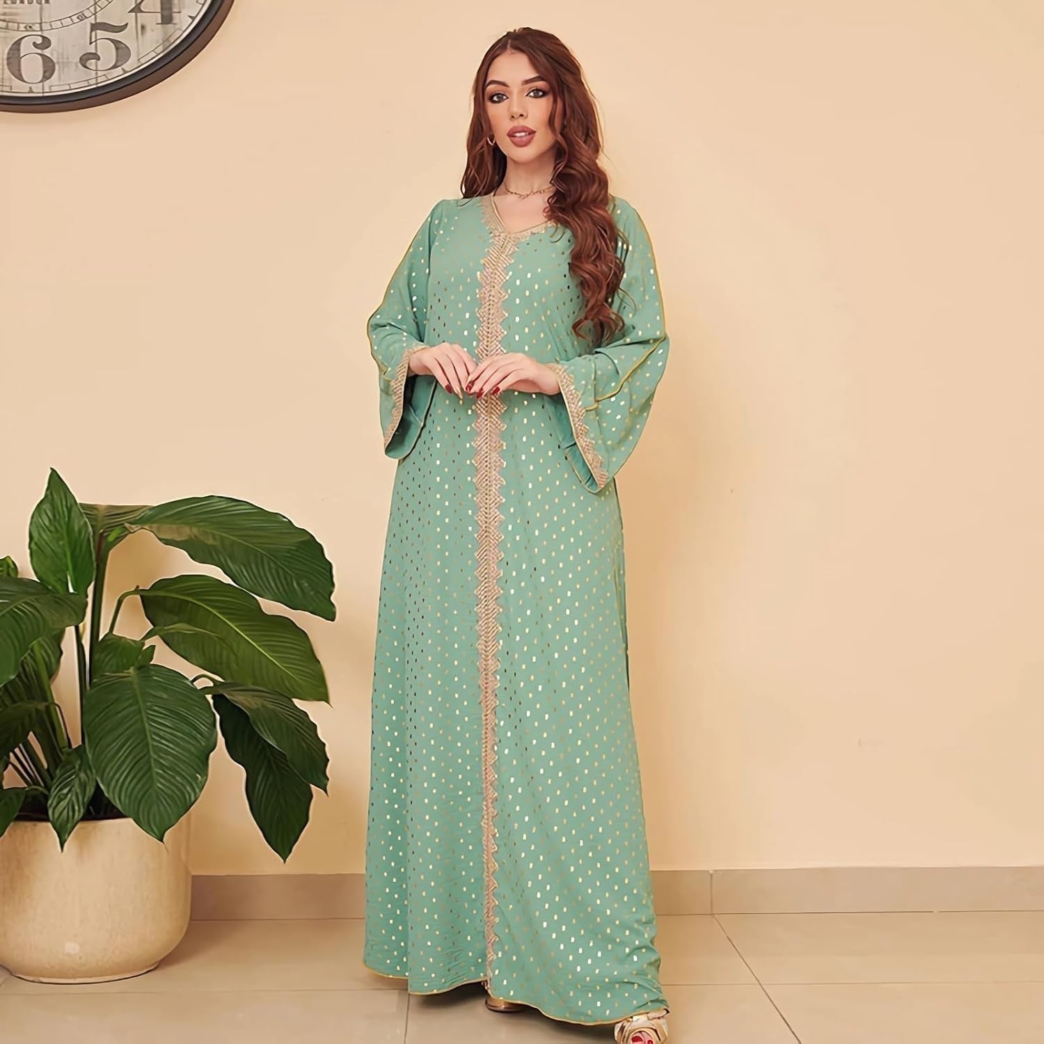Womens Muslim Abaya Dress One-Piece V Neck Bronzing Dress Islamic Full Length Kaftan Daily Casual Dress