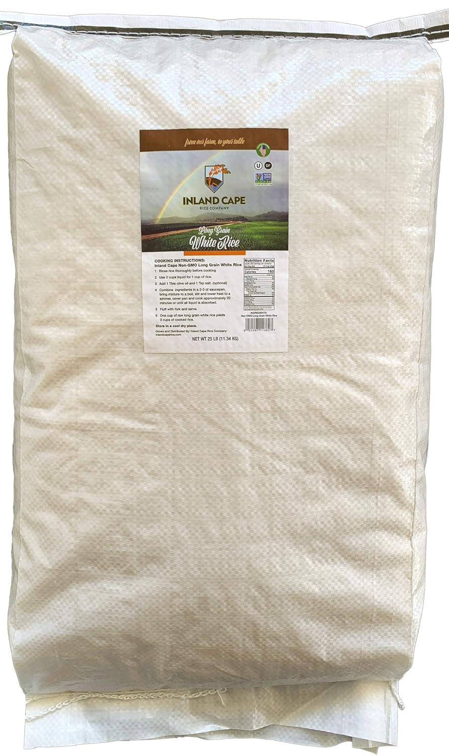 Inland Cape Rice, Long-Grain White Rice - Non-Gmo, USA Grown, 25 Lb Bag
