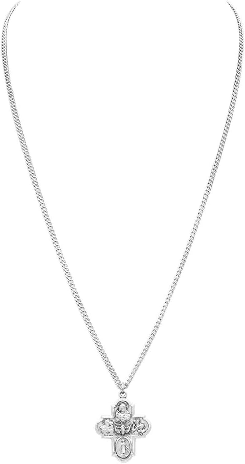 Rosemarie'S Religious Gifts Sterling Silver Traditional Catholic Four Way Cross Medal Pendant Necklace, 24"