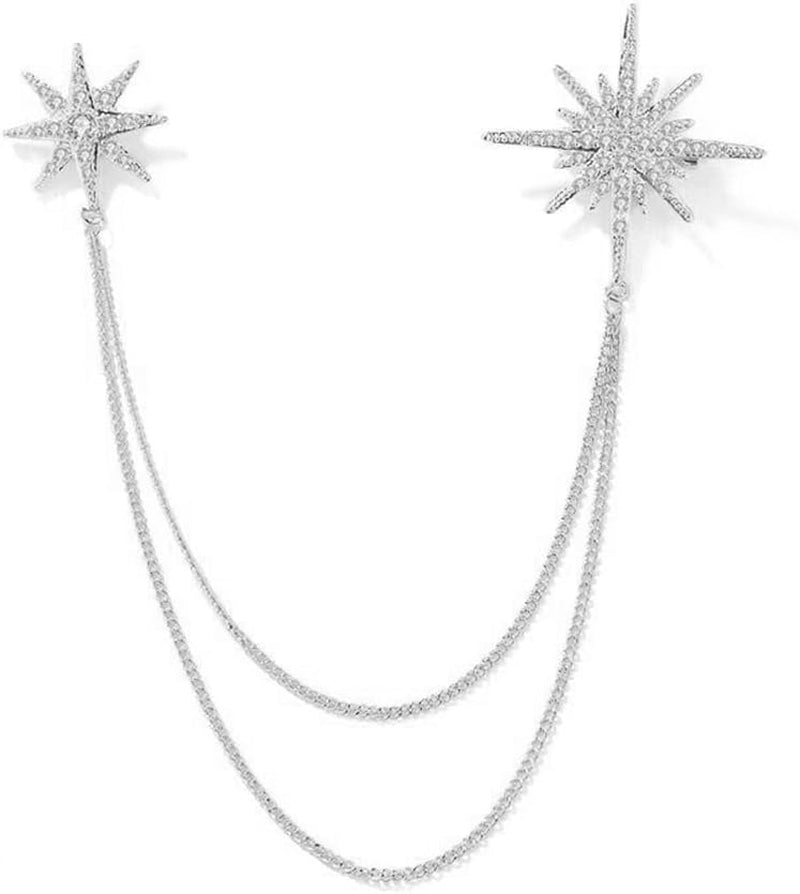 Silver Rhinestone Star Brooch for Women Girls Men Fashion Crystal Snowflake Tassel Lapel Pins Dress Suit Accessories Bouquet Dainty Jewelry Winter Holiday Dancing Party Ceremony Banquet Decoration