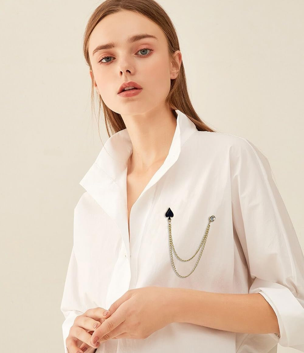Poker Black Spade Long Chain Tassel Collar Brooch Pin for Women Girls Men Rhinestone Solitaire Playing Cards Gold Plated Link Pins Lapel Suit Coat Brooches Pins Punk Jewelry Gifts Clothes Accessories
