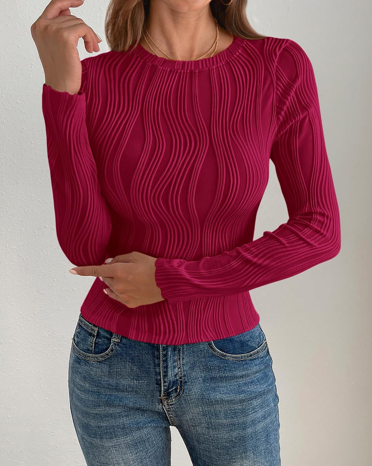 Women'S Tops 2025 Spring Fashion Long Sleeve Crewneck Blouses Slim Fit Shirts Textured Knit Basic T Shirts